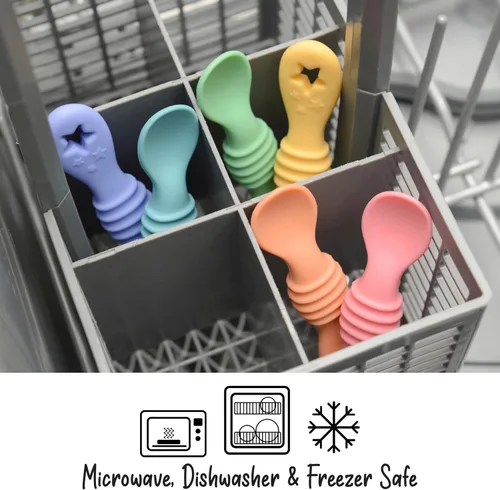 Vista 5 de PrimaStella Cucharas de silicona para bebés de 6 piezas, cucharas para bebés de primera etapa, cuchara de entrenamiento para bebés de punta suave
