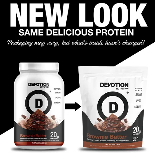 Vista 2 de Devotion Nutrition Proteína en Polvo Brownie Batter – Mezcla de 20g de Proteína Aislada de Suero y Caseína – Sin Azúcar Añadido, Bajo