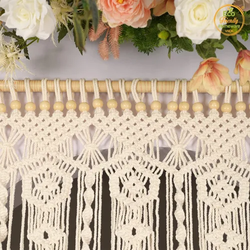Vista 5 de Cortinas de macramé bohemias, cortinas con cuentas para puertas, macramé para colgar en la pared, cortina de puerta de cuentas, fondo bohemio Beige