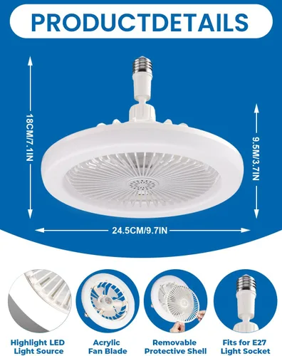 Vista 6 de CornerSmith Ventilador de techo cerrado con luz, ventiladores pequeños de enchufe sin aspas de 10 pulgadas con control remoto, luces LED regulables
