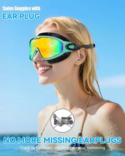 Vista 2 de Aegend - Nuevas gafas de natación de visión amplia para adultos, con protección antiniebla/UV, sin fugas, con tapones para los oídos para hombres