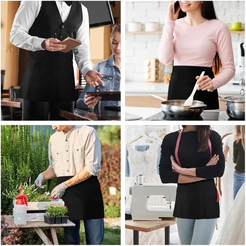 Vista 7 de TOPTIE Paquete de 6 delantales de cintura para camarera bistró con 3 bolsillos, mitad delantal de cocina de restaurante, 24 pulgadas de ancho x 12