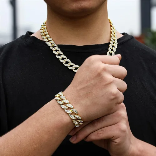Vista 2 de Saintda Juego de cadena y pulsera de eslabones cubanos para hombres y mujeres, regalo de diamantes brillantes para niños, joyería de rapero hip hop