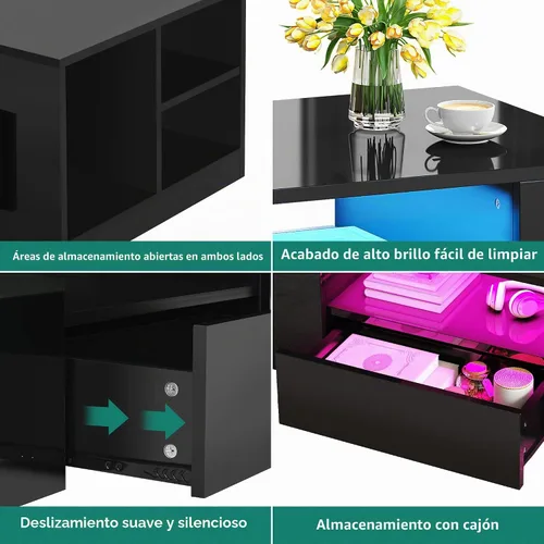 Vista 6 de YITAHOME Mesas de centro LED modernas para sala de estar, mesa de centro de alto brillo con 2 cajones de almacenamiento y estantes abiertos