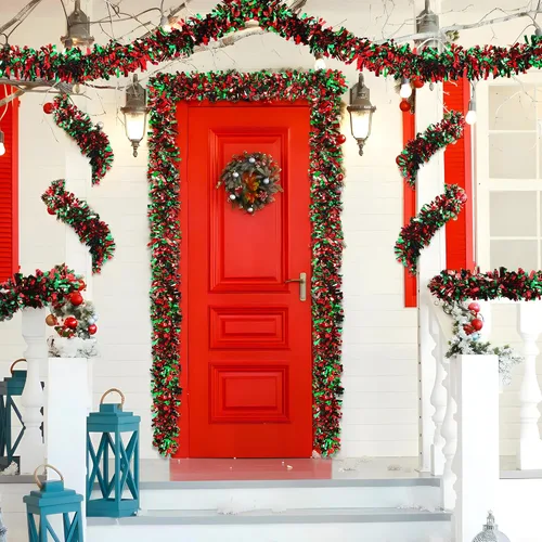 Vista 5 de Guirnalda de Oropel de Navidad de 50 Pies Roja y Verde Metálica Trenzada Decoración Guirnalda Brillante Ornamento Colgante para Árbol de Navidad
