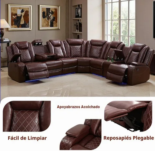 Vista 4 de Juego de sofá modular reclinable eléctrico con luz LED, sofás seccionales de cuero, juegos de muebles de sala de estar, modernos juegos de sofá