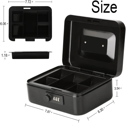 Vista 2 de Decaller Caja de dinero con cerradura de combinación, caja de seguridad de metal pequeña con bandeja de dinero, 7 4/5 x 6 4/5 x 3 3/5 pulgadas