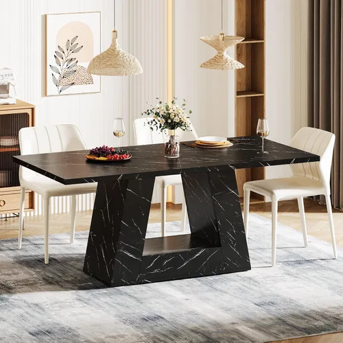Vista 4 de Mesa de comedor Tribesigns para 4 a 6 personas, mesa rectangular de 63" para comedor, mesa moderna de madera con falso mármol para cenas con base