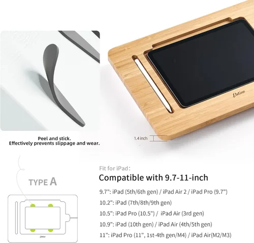 Vista 3 de Soporte ajustable para tablet con ranura para lápiz y cable de cargador, soporte de madera de bambú con múltiples ángulos, organizador de escritorio