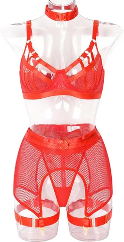Vista 5 de Conjunto de lencería de red de cintura alta para mujer 3 piezas brasier y bragas sexy con tirantes y liguero para sexo travieso