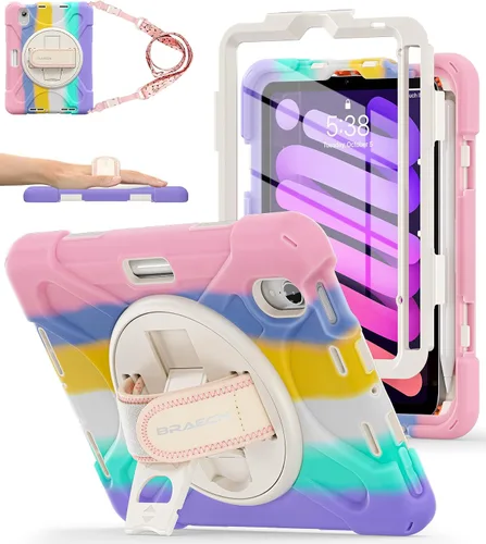 Vista 10 de BRAECNstock para Apple iPad mini 5/4 Funda 2019/2015 19,9 cm, Funda Protectora a Prueba de Golpes con Soporte para Lápices, Correa Giratoria