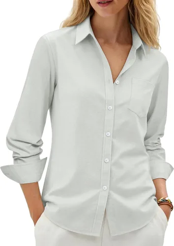 Vista 14 de siliteelon Camisas con botones para mujer, camisa Oxford de algodón, camisa de vestir de manga larga, blusas de trabajo con bolsillo