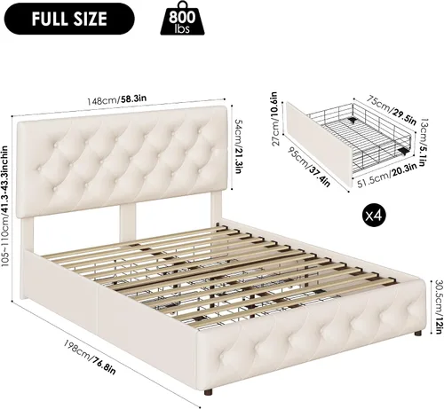 Vista 2 de Base de cama tapizada de tamaño matrimonial con 4 cajones de almacenamiento, cama moderna de tela beige con cabecera capitoné de botón ajustable