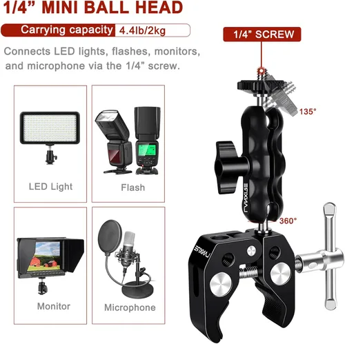 Vista 8 de Abrazadera de micrófono de montaje para micrófono con brazo mágico de cabeza esférica - Compatible con micrófonos - Carga máxima de 4.4 libras / 4.4