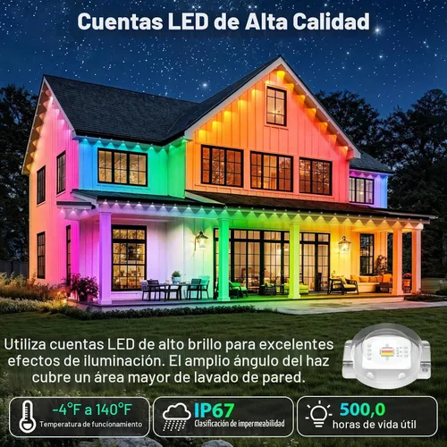Vista 4 de RCUICA Luces permanentes para exteriores de 500 pies impermeables con control remoto de aplicación inteligente, modos de escena de bricolaje