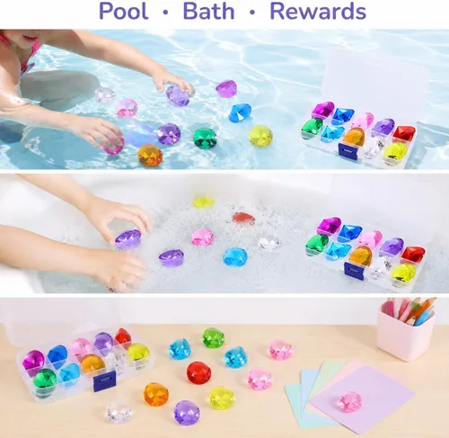 Vista 5 de Toddmomy Gemas de buceo para piscina para niños, 10 piezas de piedras preciosas acrílicas grandes con caja de almacenamiento, juguetes de piscina