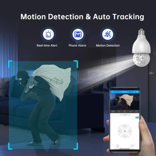 Vista 3 de EVERSECU HD 2K 3.0MP Cámara de seguridad de bombilla inalámbrica con conector de luz E27, seguimiento automático PTZ, audio de dos vías, visión