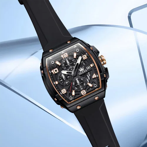 Vista 7 de OLEVS Reloj para hombre de lujo de cara grande negro relojes de pulsera de silicona cuadrado multifuncional vestido impermeable cronógrafo analógico