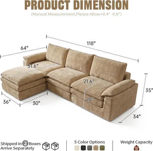 Vista 3 de Sofá modular en forma de nube de 118 pulgadas, con otomana móvil, sofá de asiento profundo de felpilla para sala de estar, sin montaje, caqui