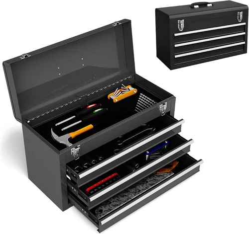 Vista 8 de ERGOMASTER Caja de herramientas portátil, caja de herramientas de metal de 20.5'' con 3 cajones, cofre de herramientas de almacenamiento resistente