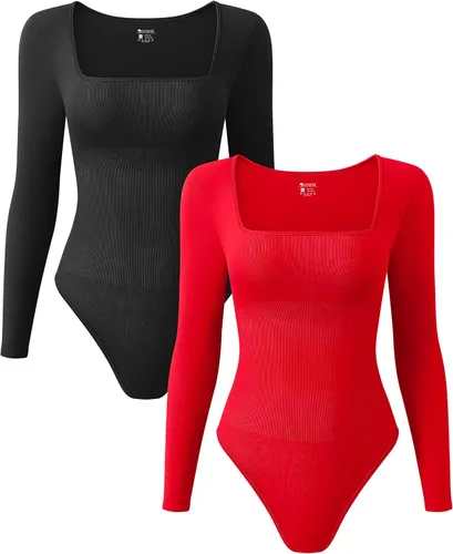 Vista 18 de OQQ Body de 2 piezas para mujer, sexy, acanalado, de una pieza, cuello cuadrado, manga larga, tops Negro Beige