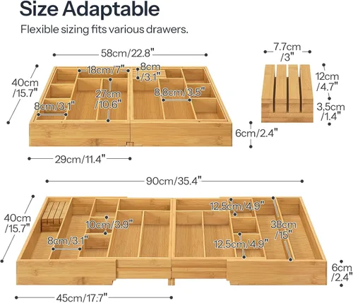 Vista 3 de HOOBRO Organizador grande de cubiertos para cajones de cocina, organizador de utensilios expandible con conexión magnética de 22 a 35 pulgadas
