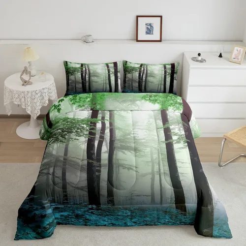 Vista 10 de Erosebridal Juego de ropa de cama con inserto de edredón de árbol brumoso para temporada de otoño, juego de edredón místico con niebla y naturaleza