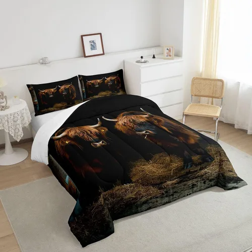 Vista 5 de Ropa de cama con estampado de vaca marrón tamaño individual, juego de edredón rústico de piel de vaca con calavera de vaca, relleno de edredón