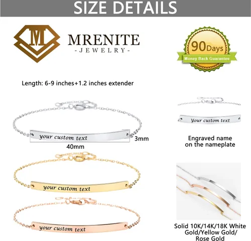 Vista 6 de MRENITE Pulsera de barra personalizada de oro de 10 quilates, 14 quilates y 18 quilates, pulsera de corazón con inicial para mujer, grabado