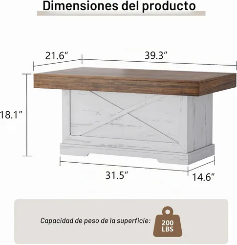 Vista 2 de Lareth - Mesa de centro rústica de 39 pulgadas para sala de estar con diseño en X, rectangular Nogal blanco antiguo