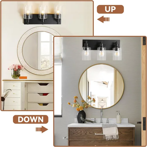 Vista 6 de LOUSACE Lámpara de tocador de baño de 3 luces, lámparas de baño negro mate sobre el espejo, iluminación moderna de baño con pantalla de vidrio