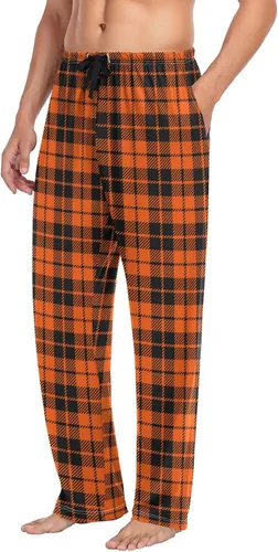 Vista 4 de Plaaee Pantalones de pijama para hombre, color naranja y negro, para Halloween, a cuadros, escoceses, para dormir, pantalones de pijama, pantalones