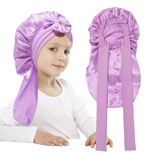 Vista 14 de AWAYTR Gorro de satén para niñas con trenzas de pelo largo para dormir Negro