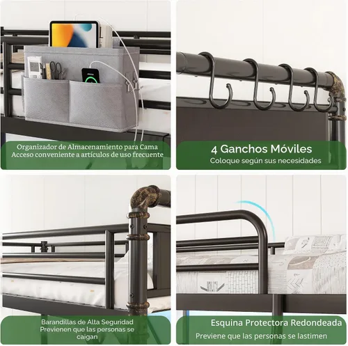 Vista 3 de Cama tipo loft tamaño Twin con luces LED y estación de carga, marco de cama loft de metal industrial de servicio pesado con escalera y barandilla
