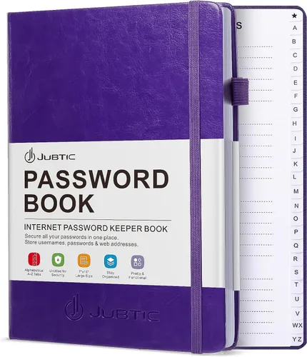 Vista 18 de JUBTIC Libro de contraseñas con pestañas alfabéticas, pequeña libreta de contraseñas con bolsillo interior, registro de inicio de sesión