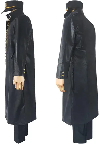 Vista 5 de Weixu Disfraz de anime Kujo Jotaro para cosplay, abrigo largo de piel sintética negra con sombrero para hombres y mujeres Halloween