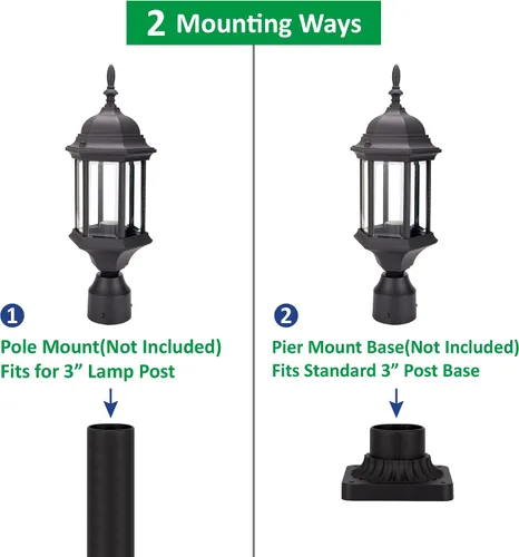 Vista 3 de LIT-PaTH Farol de poste de iluminación para exteriores, base mediana E26 máx. 60 W, carcasa de aluminio más vidrio, paquete de 2, acabado negro