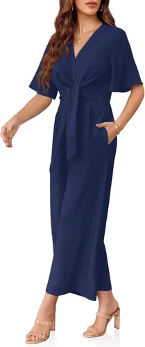 Vista 5 de GAMISOTE Enterizo de pierna ancha para mujer, manga corta, nudo frontal, overol largo de verano