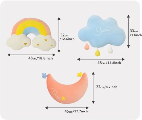 Vista 3 de XIAOHONG Almohada de nube de arcoíris y luna, felpa suave rellena de algodón PP en forma de nube, decoración de guardería, almohada para sofá, 17.7