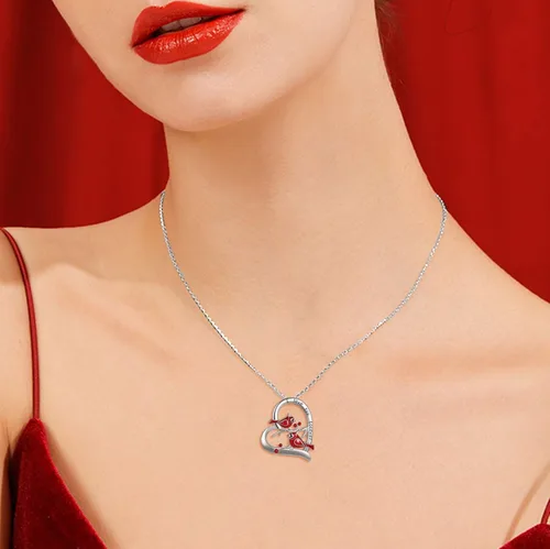 Vista 2 de POPLYKE Collar con medallón de cardenal urna, regalos para mujer, plata de ley, colgante de cardenal rojo, joyería para niñas y esposas, Metal