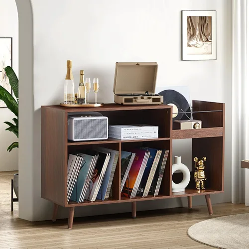Vista 2 de Soporte para tocadiscos de 45.3 pulgadas con almacenamiento de vinilo, mesa giratoria de madera con capacidad para hasta 350 álbumes, moderno
