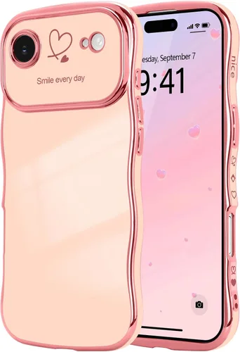 Vista 66 de LCHULLE - Funda para iPhone Air, linda para mujeres y niñas, con forma de onda, color azul bebé Luxury Plating Curly Wavy Frame with Love Heart