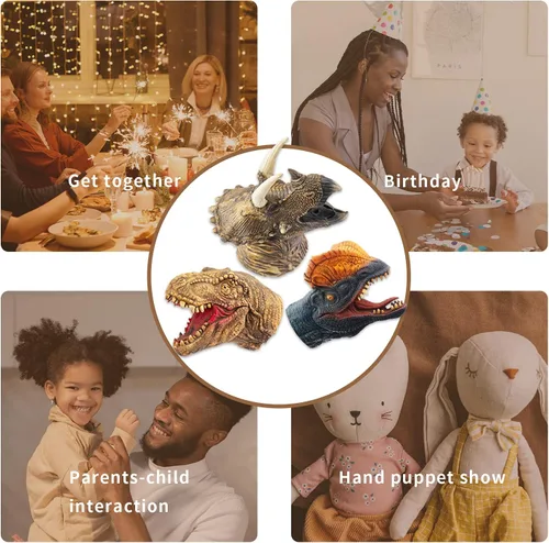 Vista 7 de Yolococa Juego de títeres de mano de dinosaurio realista de látex suave con cabeza de animal, juguetes de marionetas de mano, regalo para niños