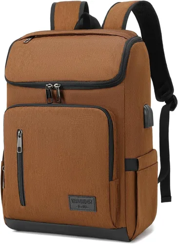 Vista 10 de YALUNDISI - Mochila vintage con puerto de carga USB para mujeres y hombres para laptop y viajes, Negro, 15,6 pulg.