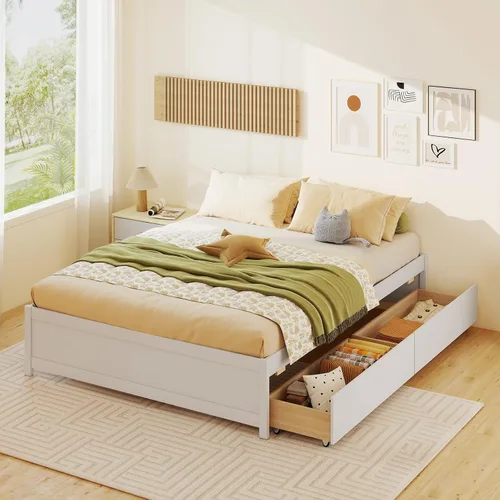 Vista 12 de KOMFOTT Base de cama de plataforma de madera de tamaño individual con 2 cajones de almacenamiento, plataforma de madera con soporte de tablillas