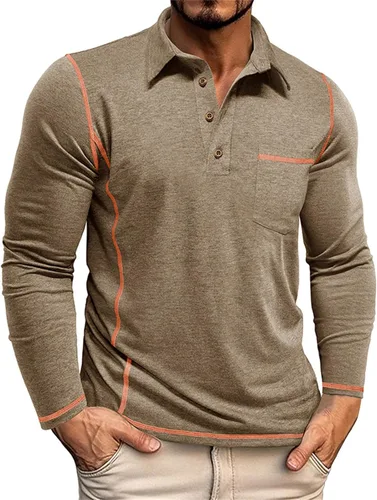 Vista 10 de Polo para hombre, manga larga, cuello clásico, algodón, botón básico, elegante, con bolsillo en el pecho