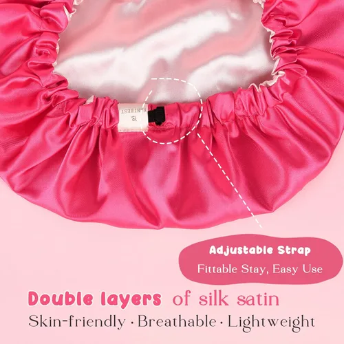 Vista 2 de Gorro de satén para dormir para cabello rizado, doble capa, reversible, ajustable, sedoso, para adolescentes, niños pequeños