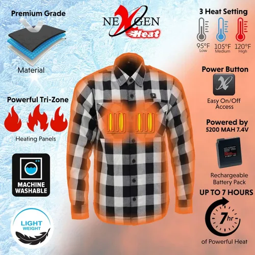 Vista 5 de Nexgen Heat NXM1601SET Riffraff - Camisa de manga de franela térmica para hombre, color negrogrisblanco, actividades al aire libre con batería