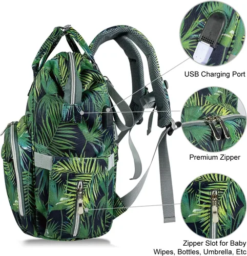 Vista 5 de Mr. Peanut's Mochila de pañales Tili Dili Premium con puerto de carga USB, Tropical, Mochila