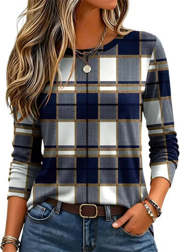Vista 29 de Zeagoo Paquete de 3 camisetas de manga larga para mujer, estilo casual, suave, cuello redondo, básicas, ropa de otoño Z Rayas Azul 273